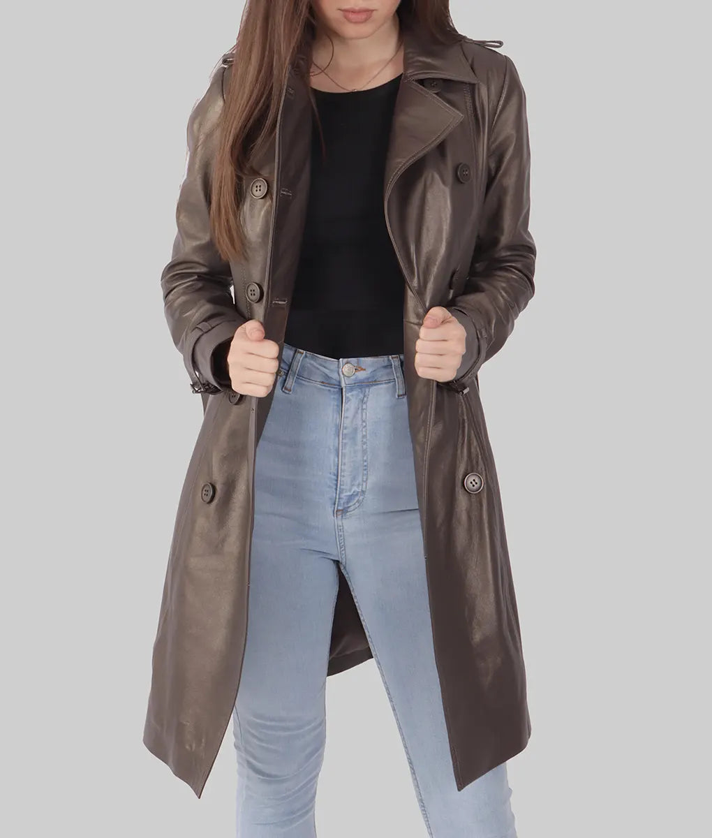 Julie Women’s Brown Leather Trench Coat