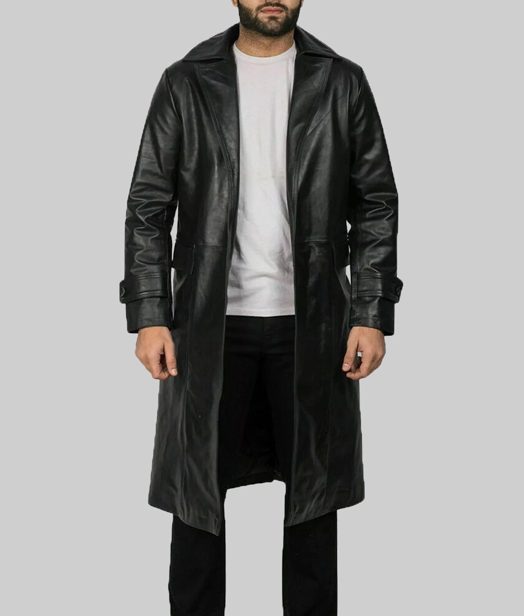 Kent Men’s Classic Black Leather Duster Coat