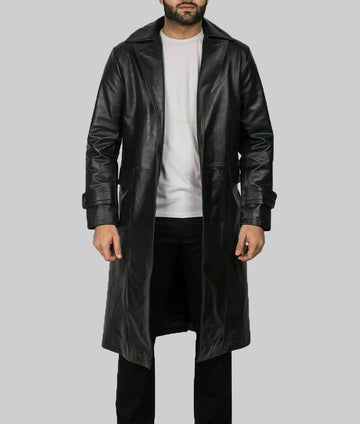Kent Men’s Classic Black Leather Duster Coat