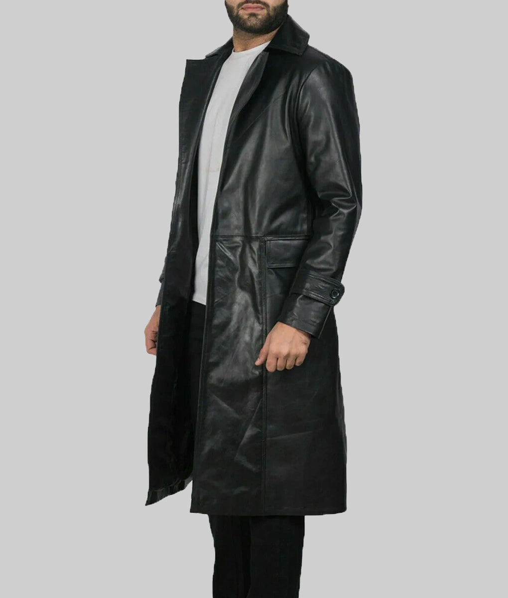 Kent Men’s Classic Black Leather Duster Coat