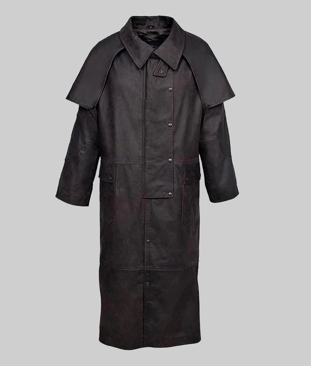 Kent Men’s Old School Black Distressed Leather Duster Coat