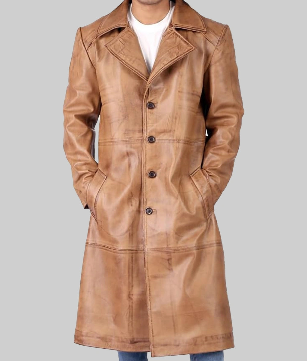 Kent Men’s Old School Dark Brown Distressed Leather Duster Coat