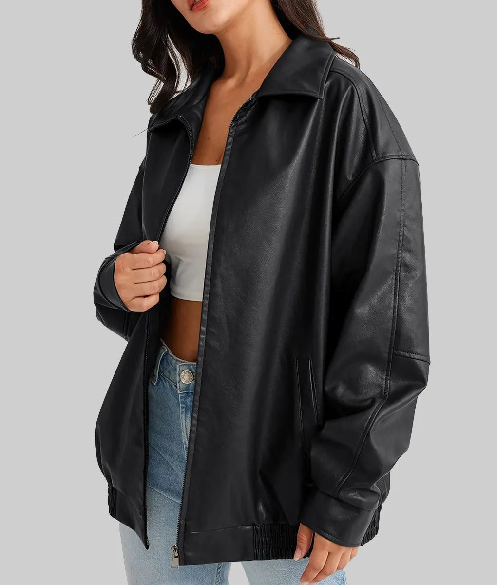 Emma Women’s Black Oversized Bomber Leather Jacket