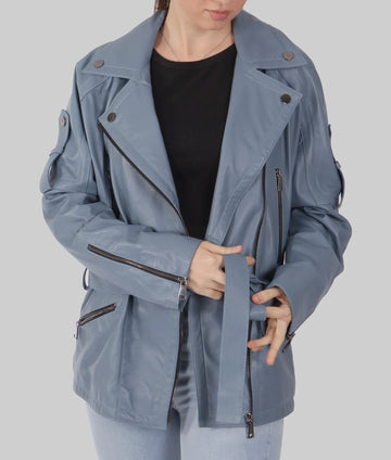 Laura Womens Blue Biker Leather Jacket