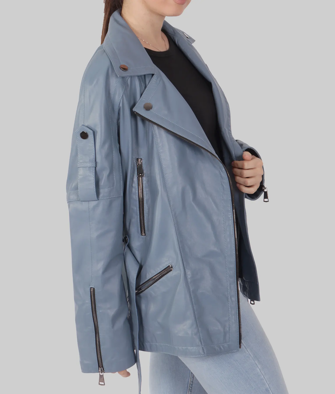 Laura Womens Blue Biker Leather Jacket