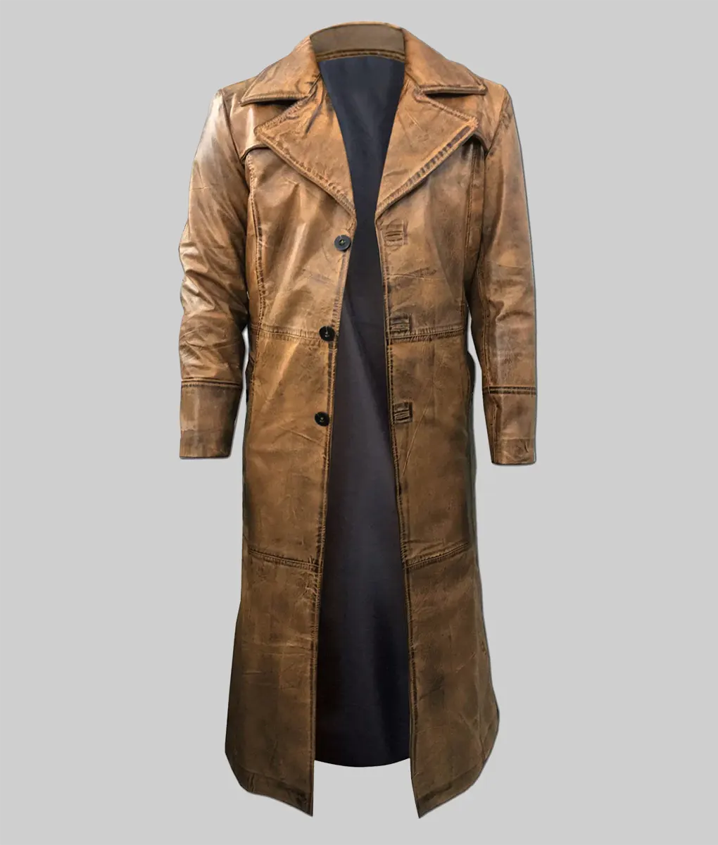 Lee Men’s Distressed Brown Leather Trench Coat