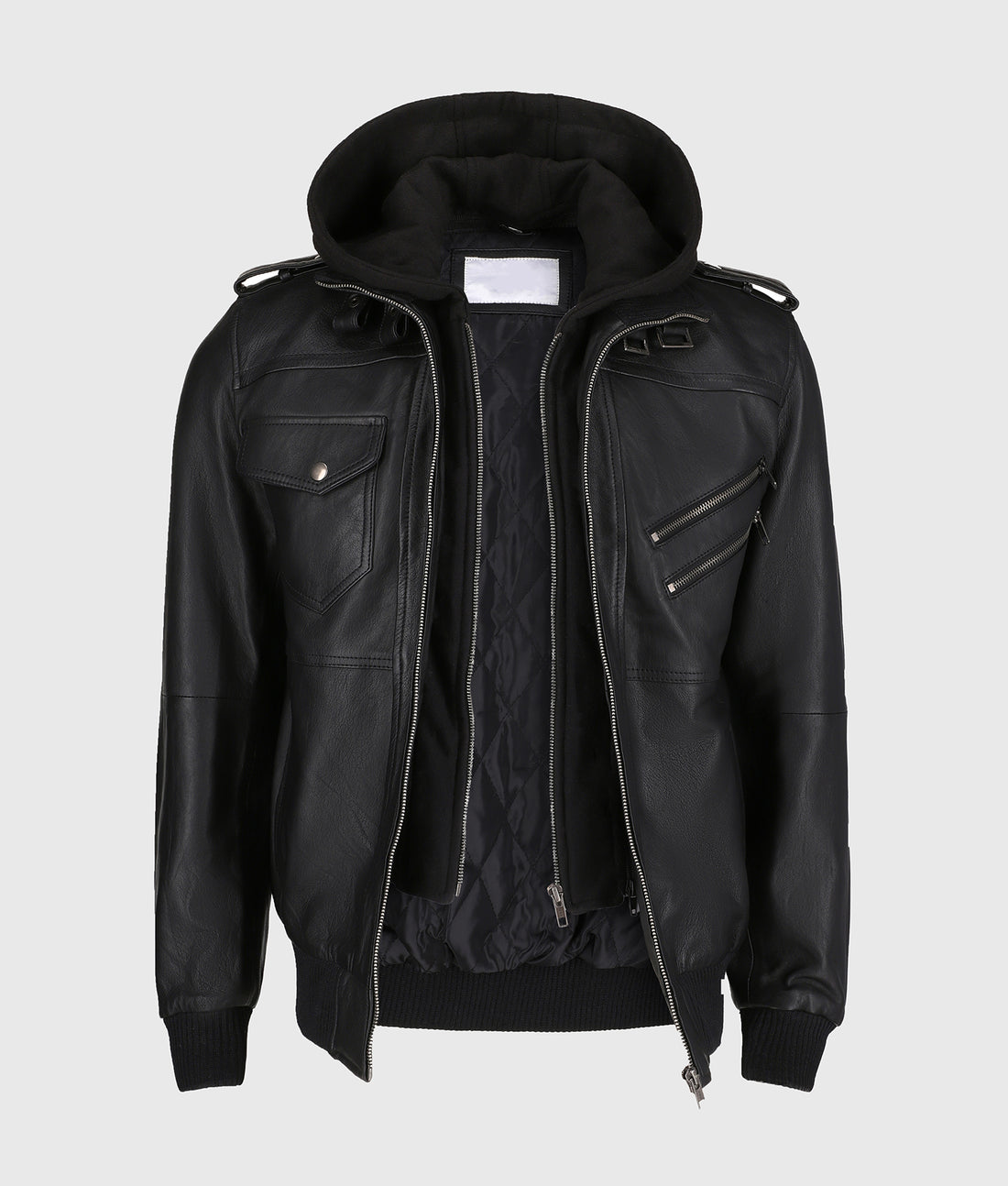 Christian Men’s Black Leather Bomber Jacket with Removable Hoodie