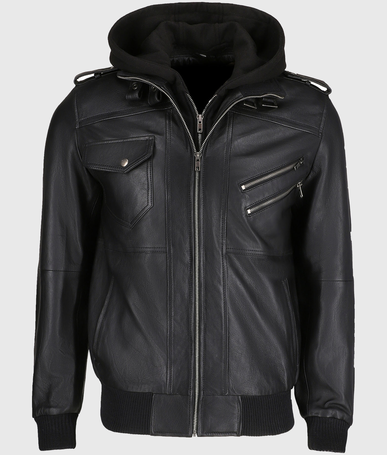 Christian Men’s Black Leather Bomber Jacket with Removable Hoodie