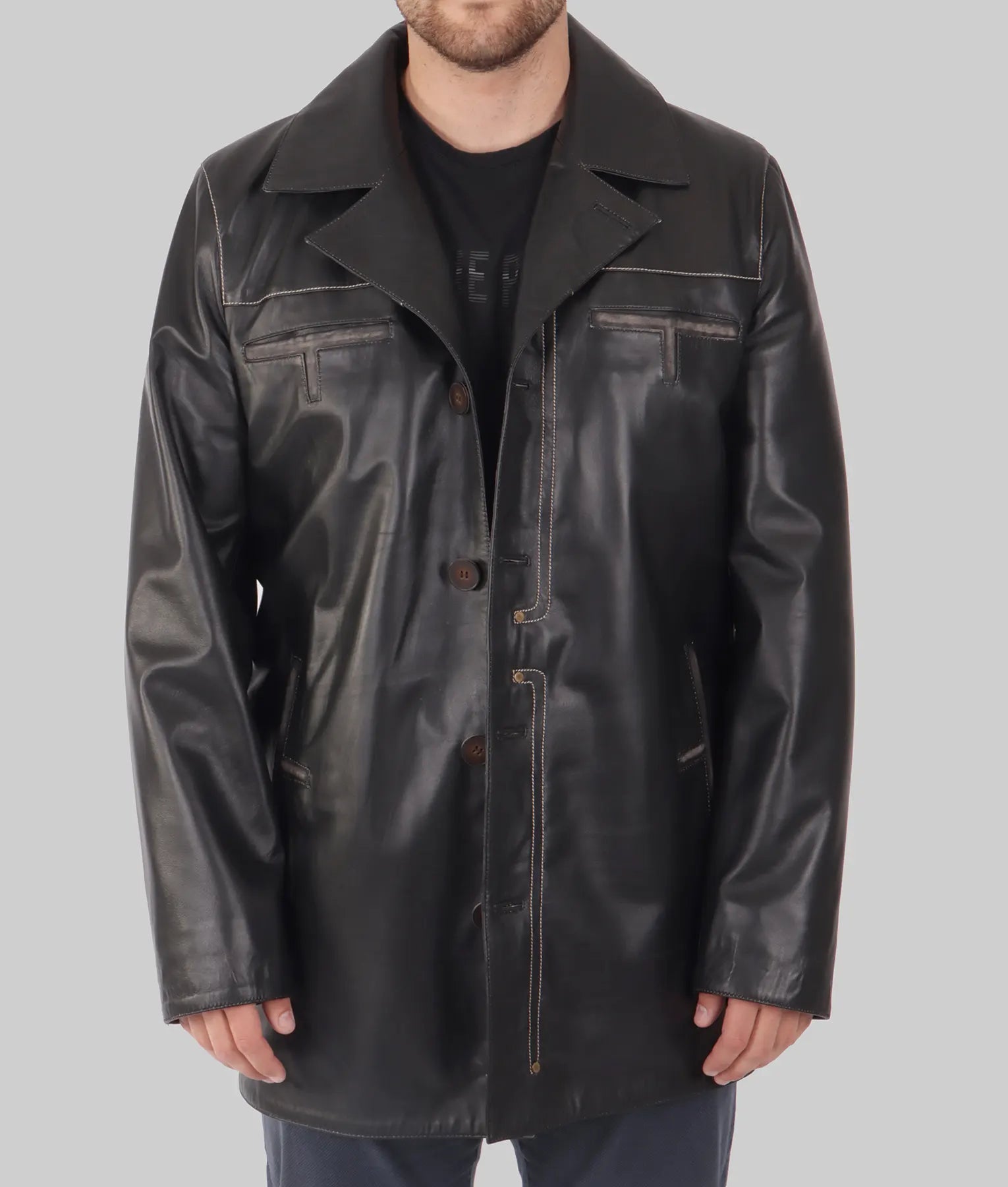 Pete Mens Black Leather Coat