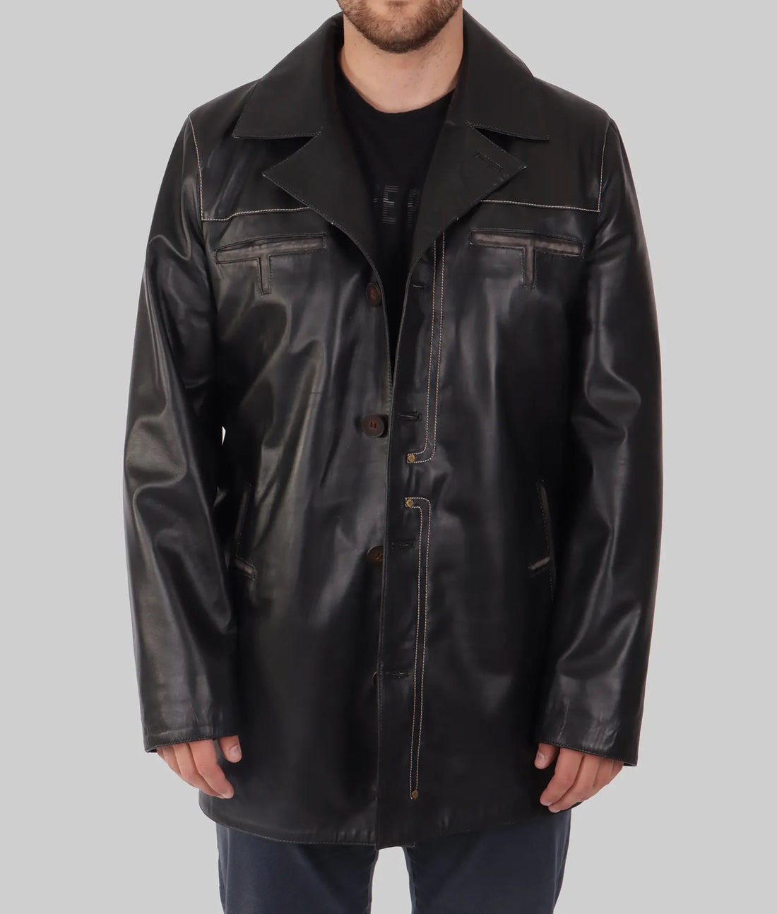 Pete Mens Black Leather Coat