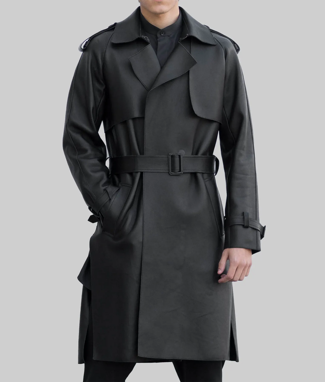 Raymond Men’s Black Leather Trench Coat