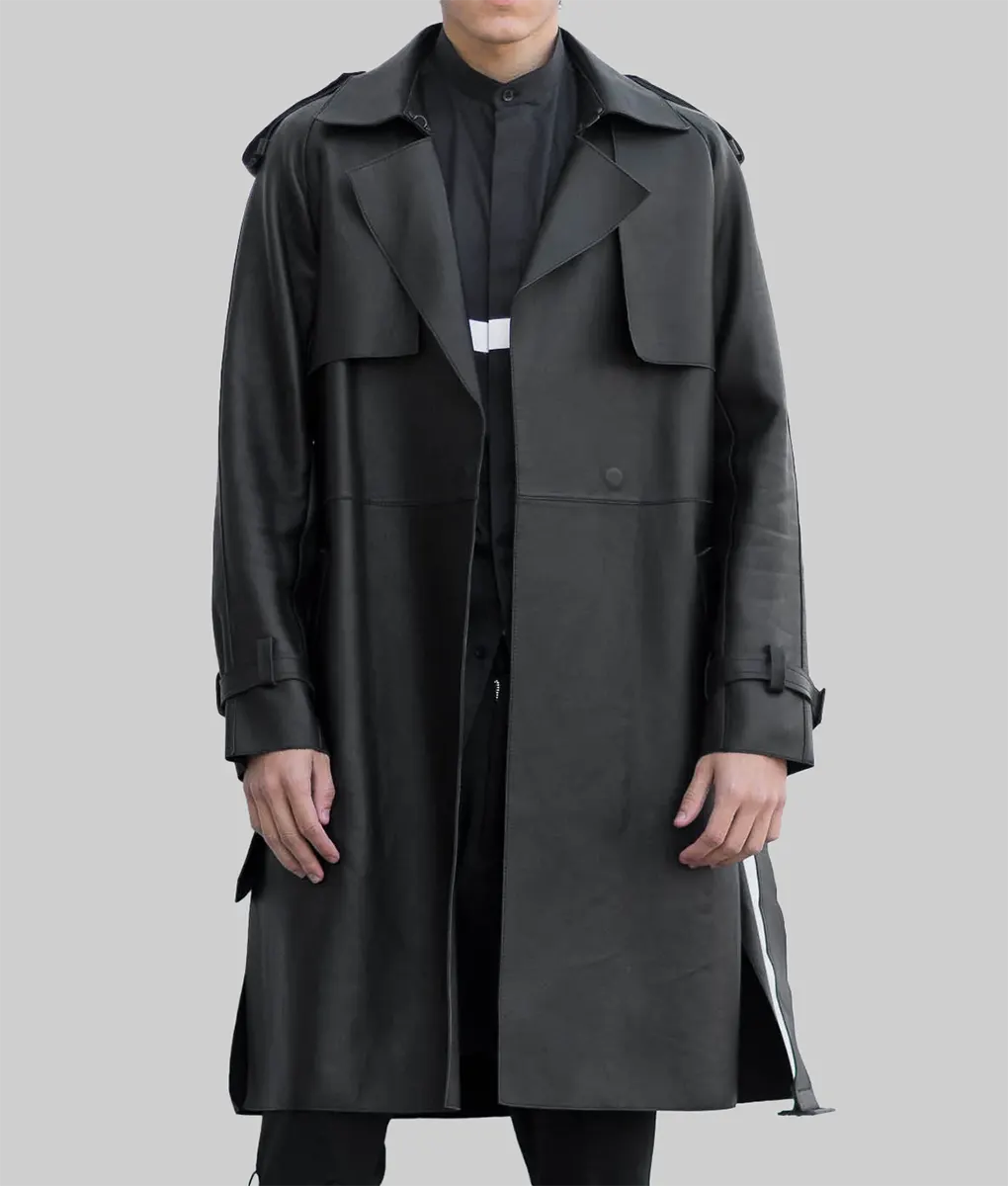 Raymond Men’s Black Leather Trench Coat