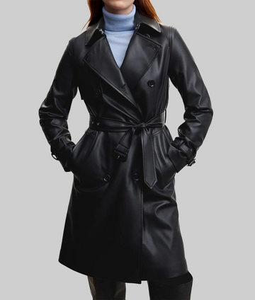 Ria Women’s Black Leather Trench Coat