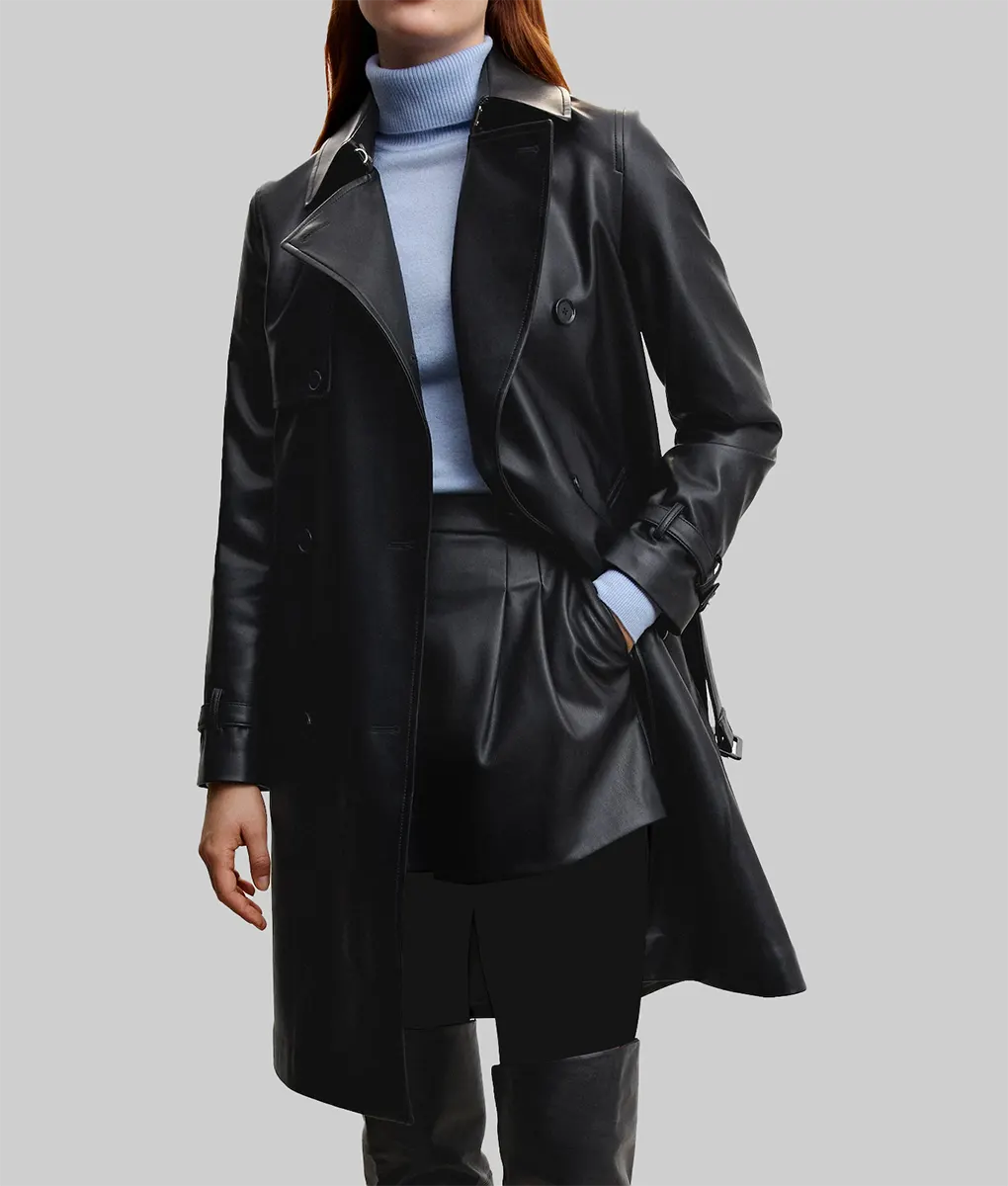 Ria Women’s Black Leather Trench Coat